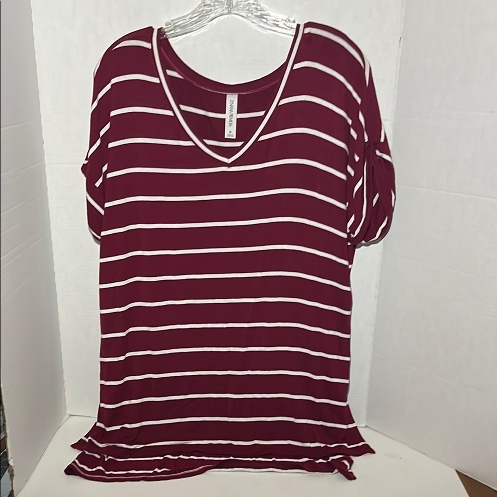 Zenana Outfitters Red Striped Relaxed Short Sleeve Tee